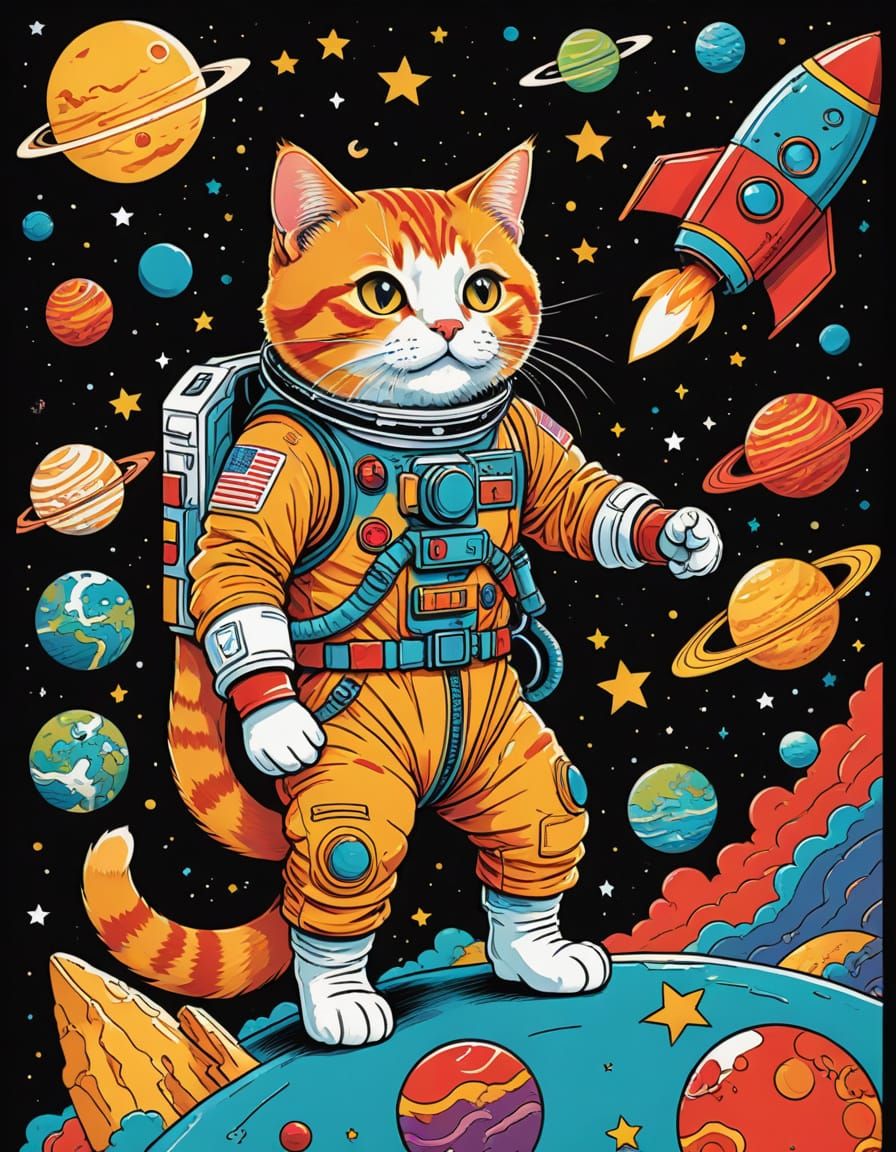Cute Cat Astronaut Riding Rocket Through Space in Neo-Tradit...