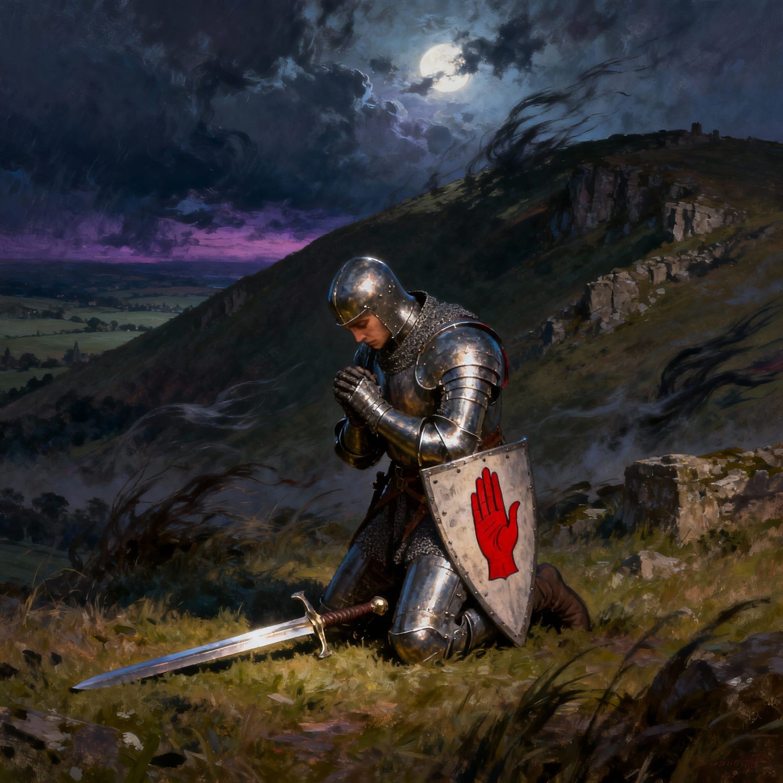 Knight in Prayer on Windswept Battlefield