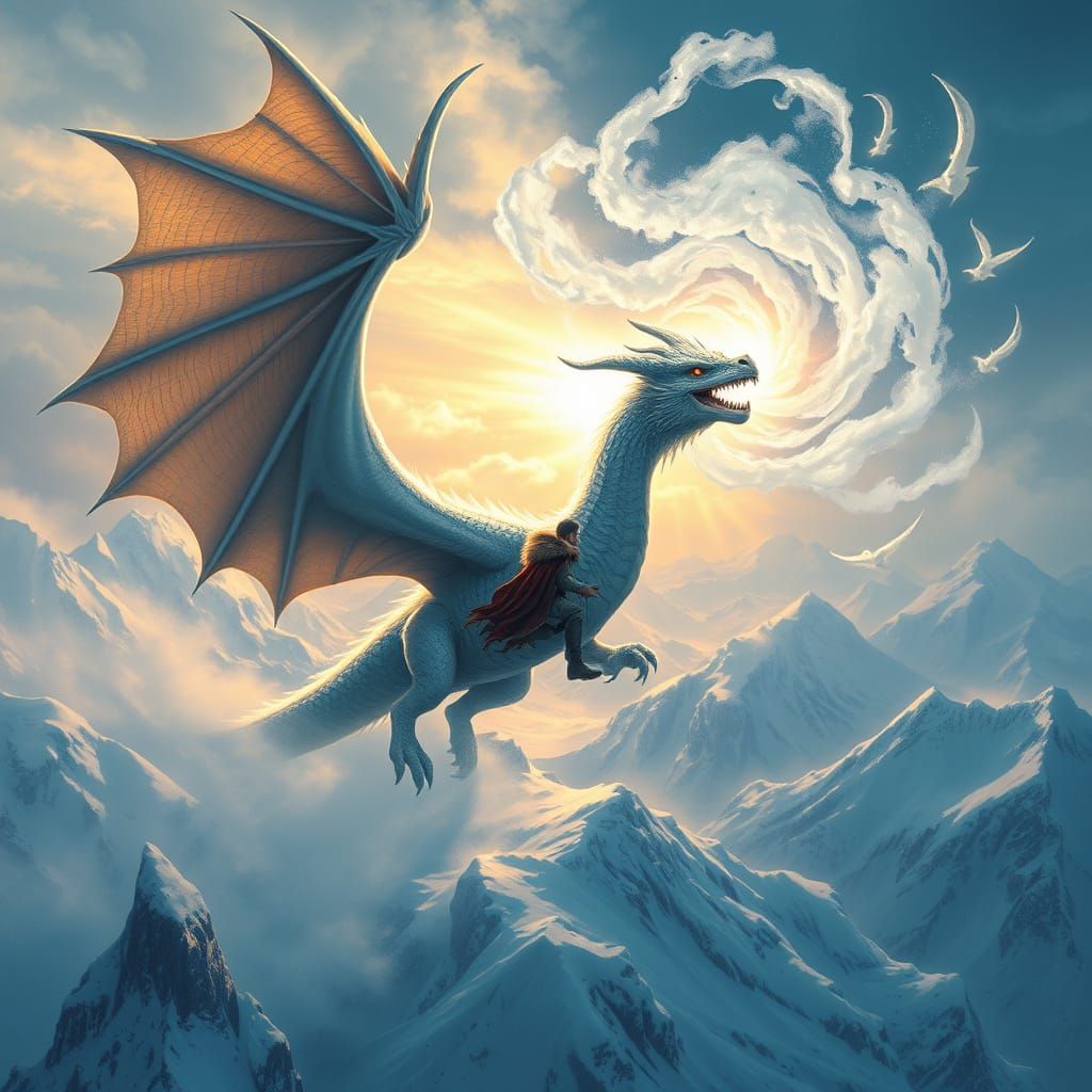 Ice Dragon Soaring Over Snow Mountains, Epic Fantasy Art