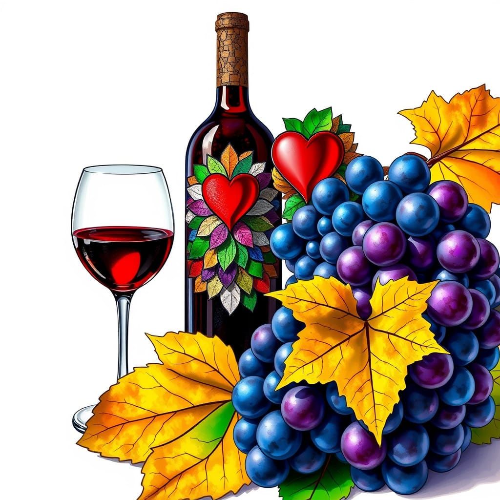 Vibrant Stained Glass Still Life with Wine and Grapes