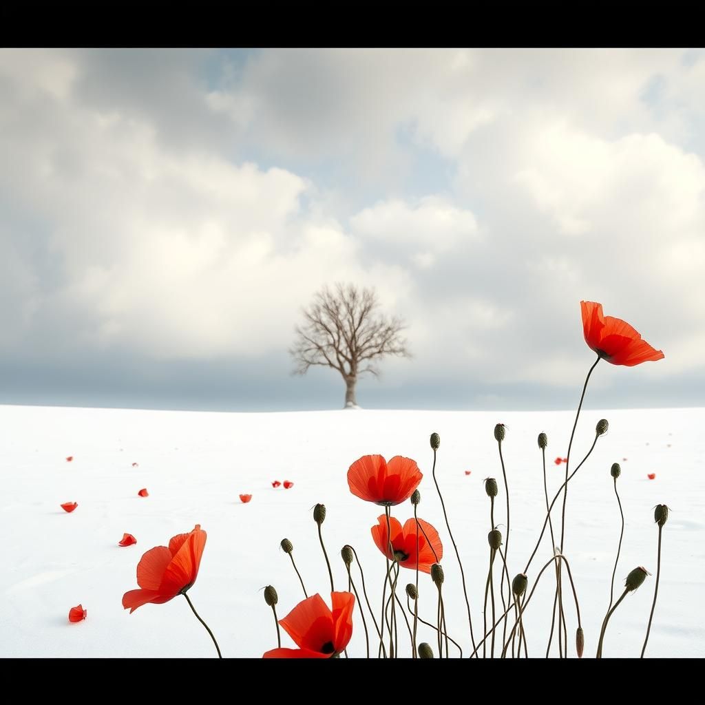 Red Poppies Bloom on Winter Snowfield