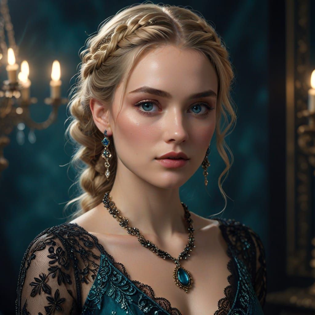 Ethereal Young Woman in Red Ball Gown with Vibrant Blonde Ha...