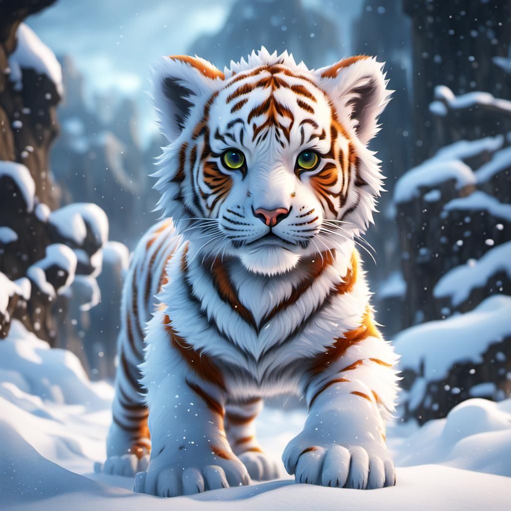 Adorable Orange Tiger Cub in Winter Snow