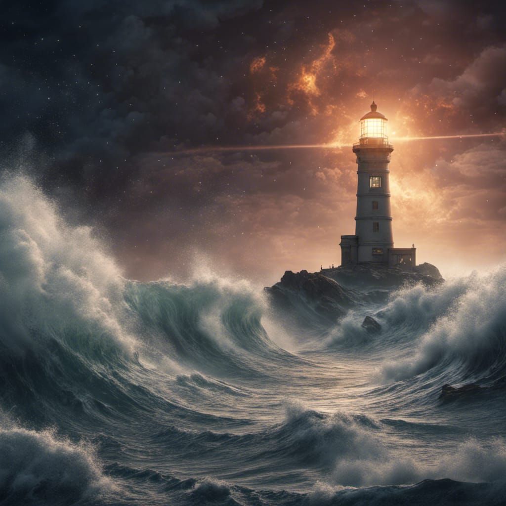 Lighthouse Under Saturn in a Galaxy Ocean