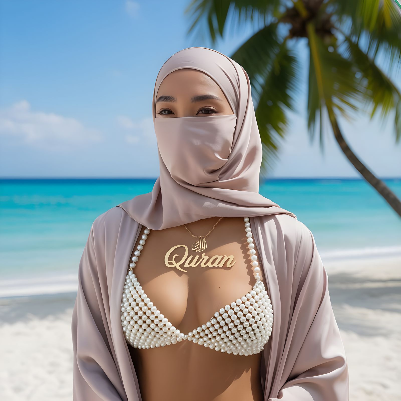 Asian Woman in Niqab and Pearl Bikini on Beach