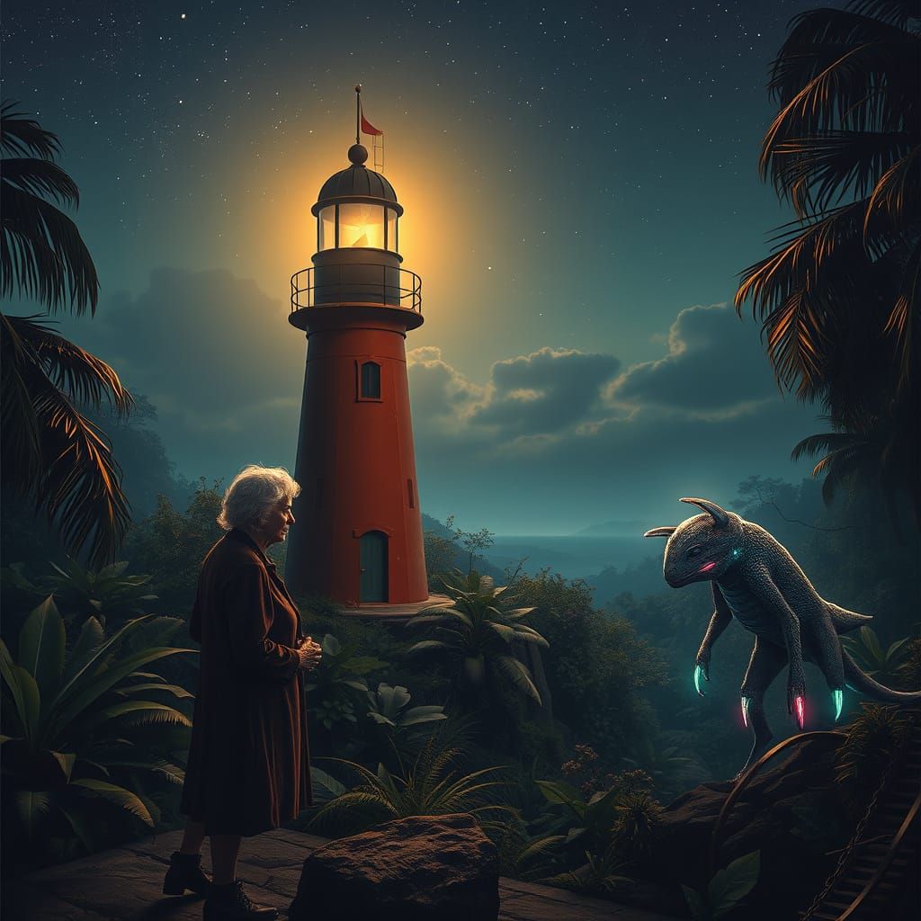 Lighthouse Under Starry Sky in Hyperrealism Style