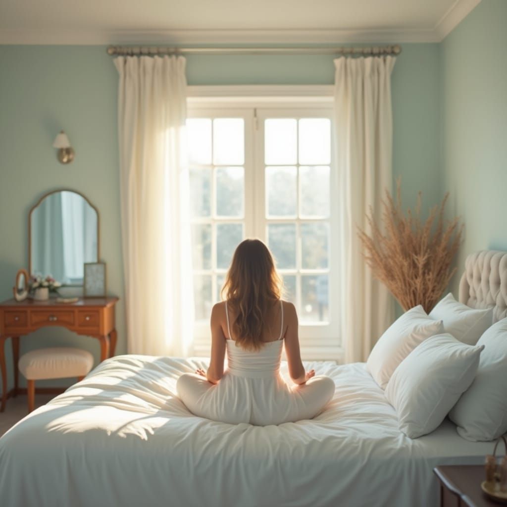 Sunlit Bedroom Scene with Serene Woman in Photo-Realism