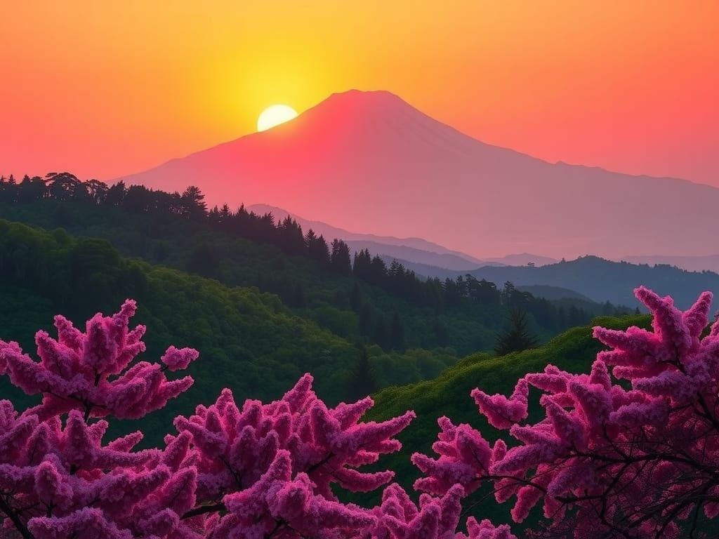 Mount Fuji Sunset Landscape in Ukiyo-e Style