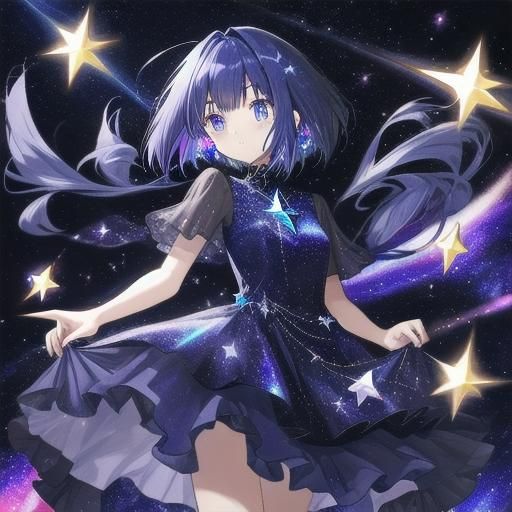 Anime Girl with Space Gems and Purple Dress