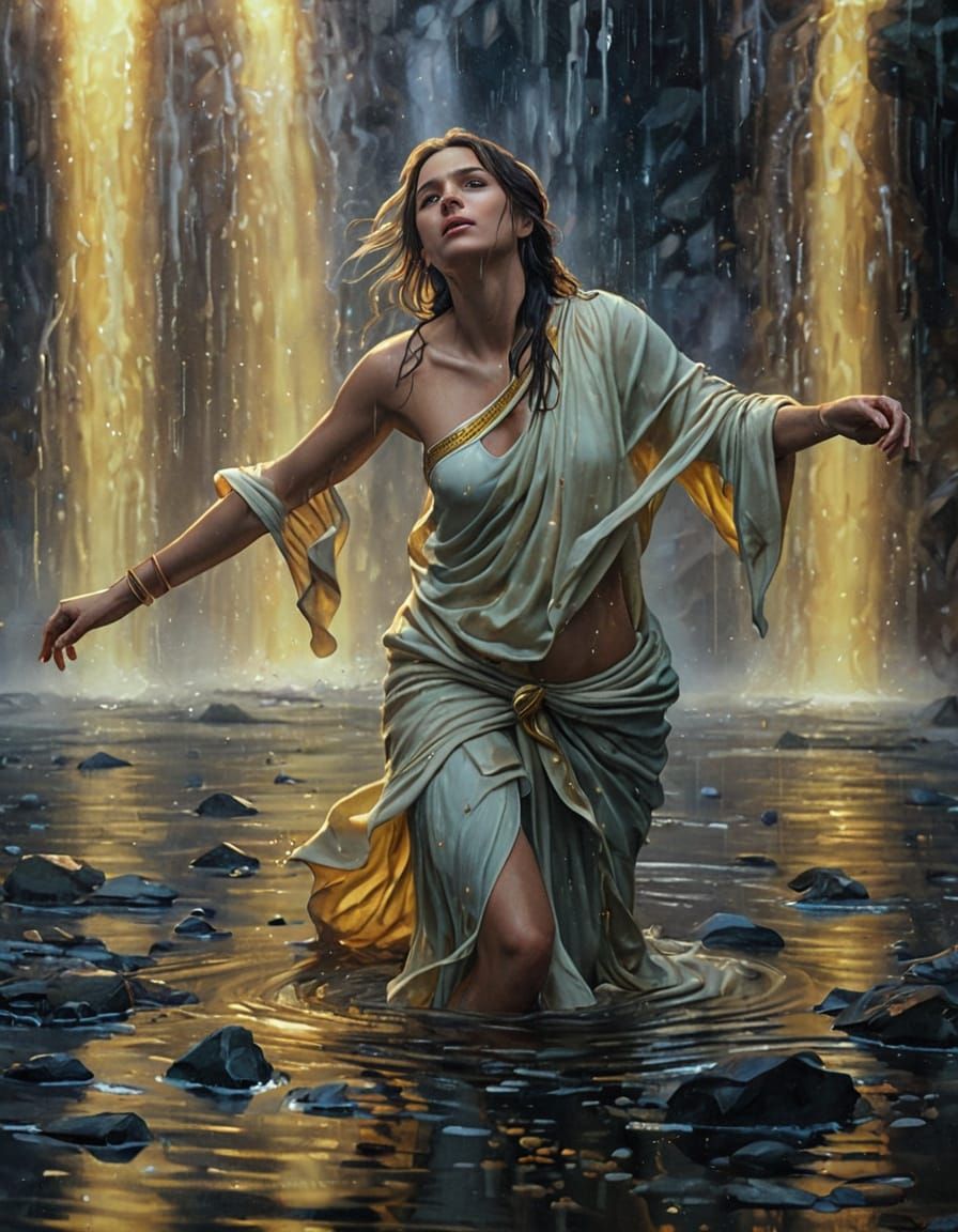 Goddess Under Waterfall: Hyper-Realistic Oil Painting