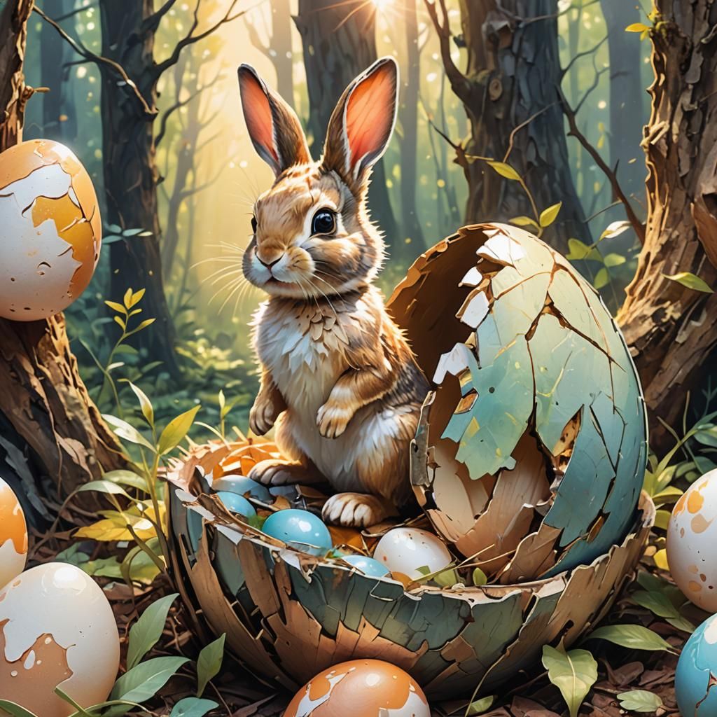 Baby Bunny Emerges in Pastel Watercolor Forest