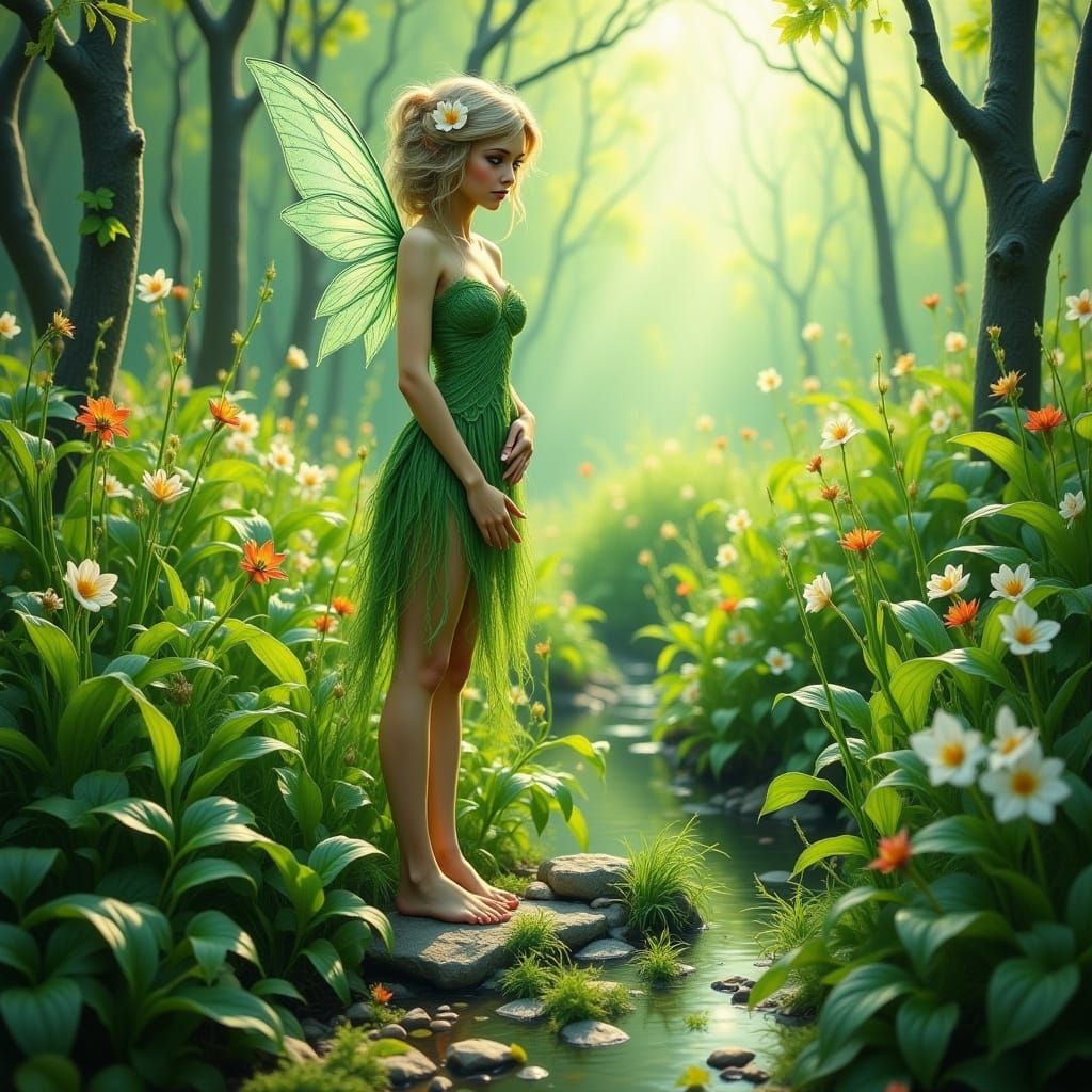 Elf Girl Barefoot in Lush Green Grass