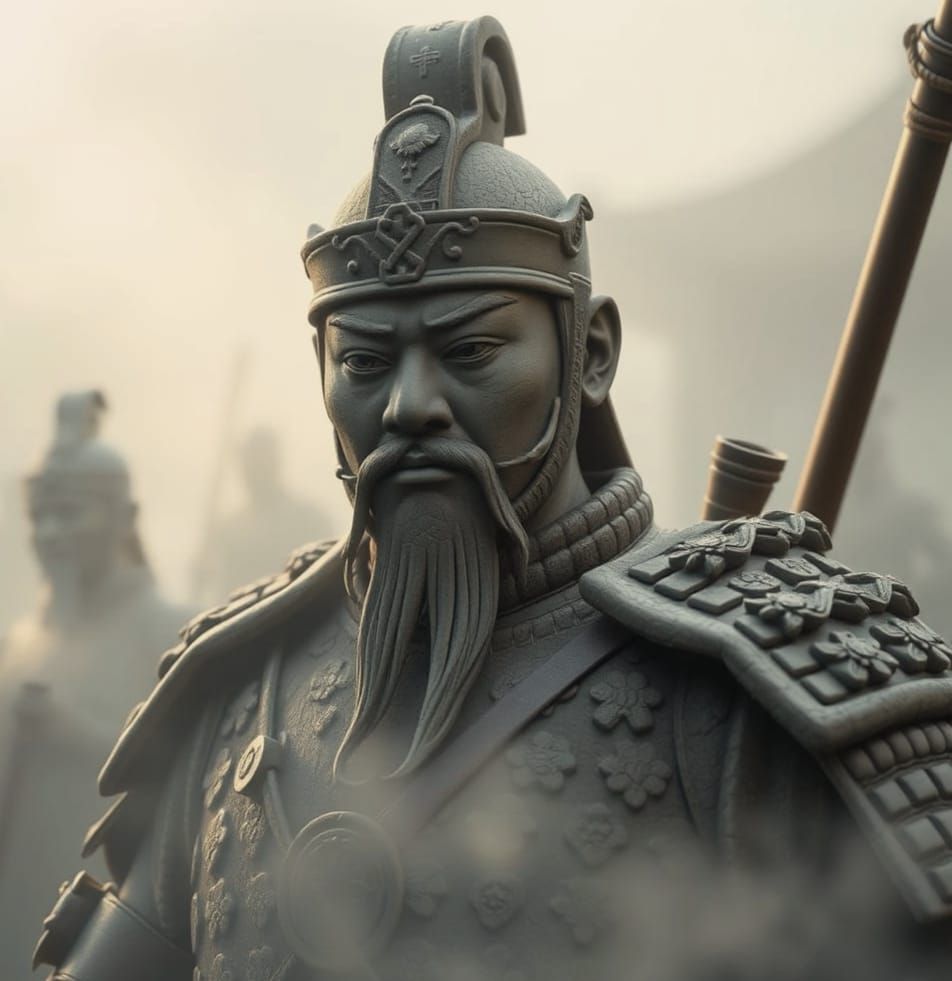 Ethereal Clay Warriors in Foggy Morning Ambiance