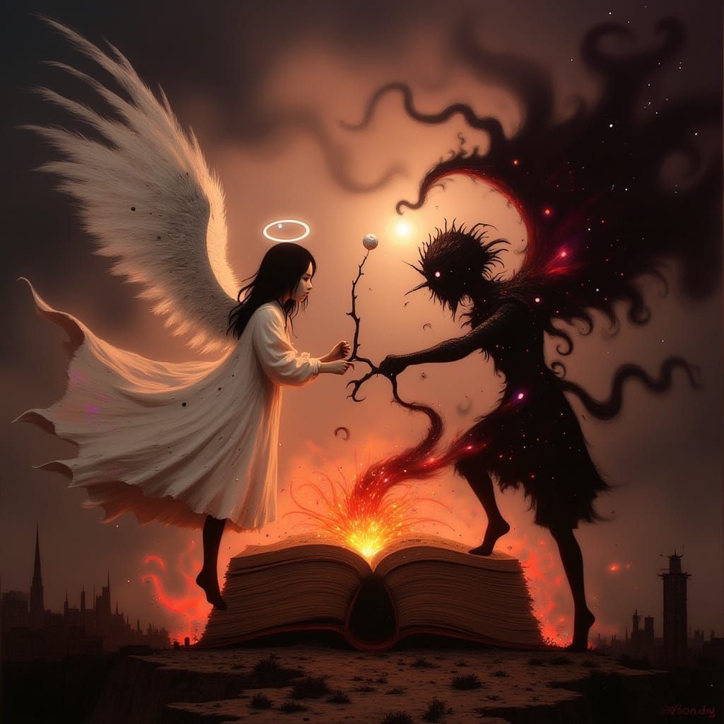 Angel and Demon Clash in a Haunting, Surreal Struggle