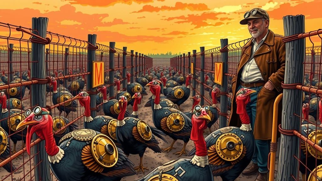 Steampunk Turkey Farm in Comic Art Style