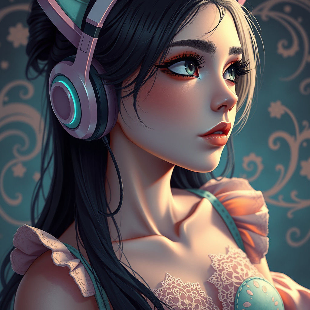 Raven-Haired Girl with Cat-Ear Headphones as Digital Art