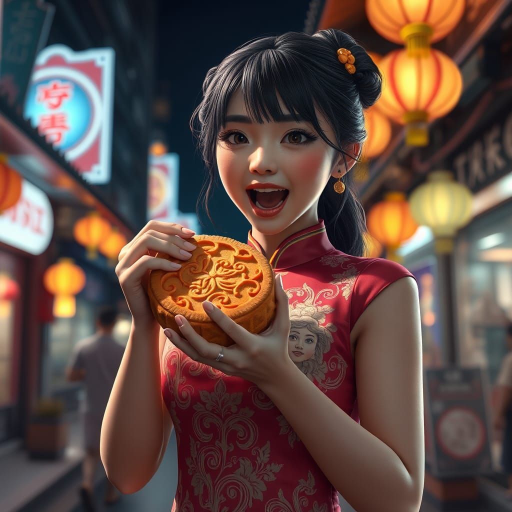 Girl in Cheongsam Eating Mooncake in Chinatown