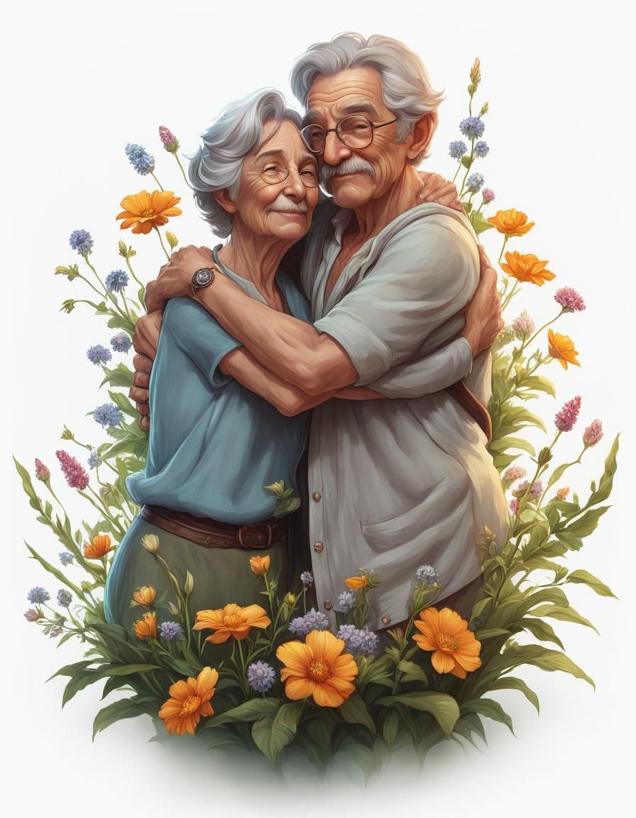 Charming Old Couple Embrace in Floral Landscape