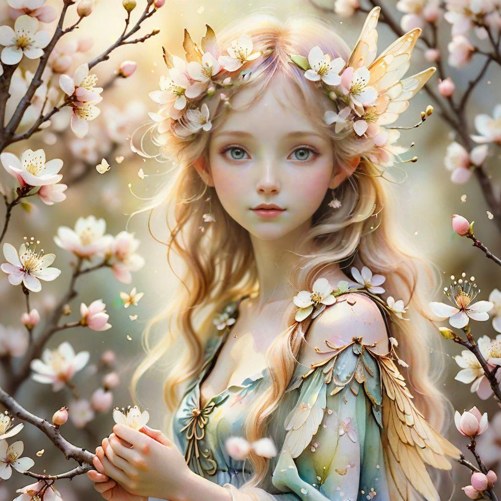Whimsical Fairy Surrounded by Pear Blossoms in Spring