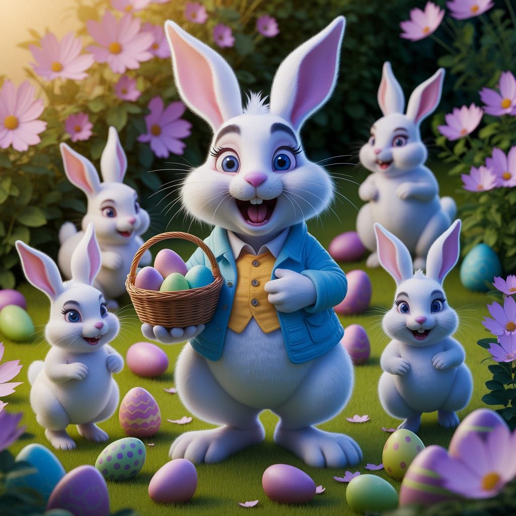 Surprised Easter Bunny in Whimsical Alcohol Ink Garden