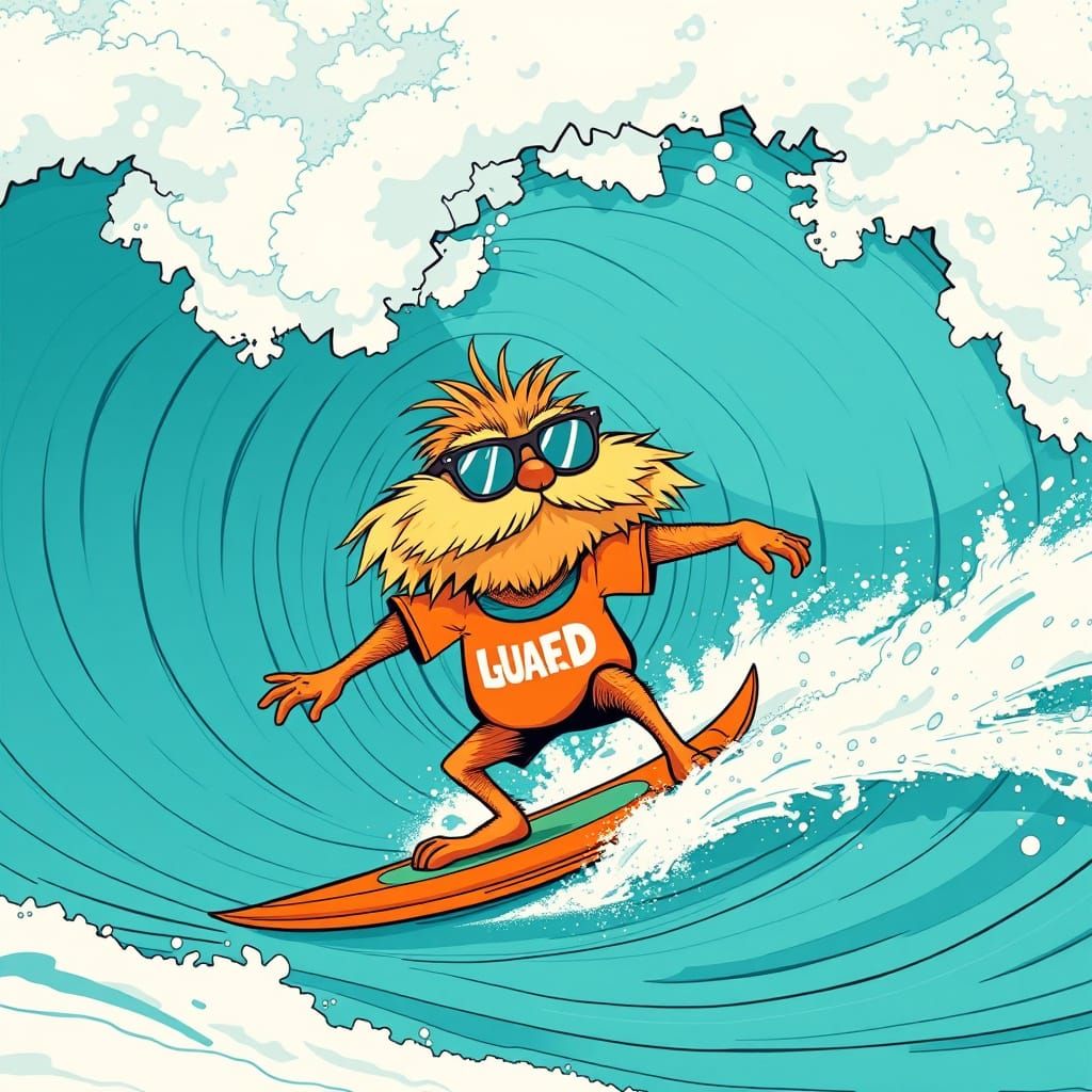 Lorax Surfing a Wave in Murakami-esque Style