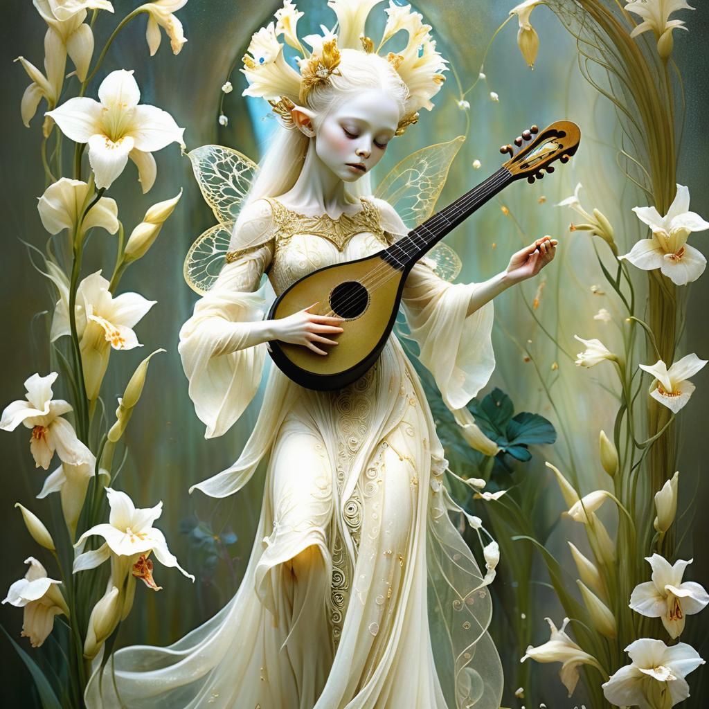 Elven Child Plays Lute in Botanical Scene