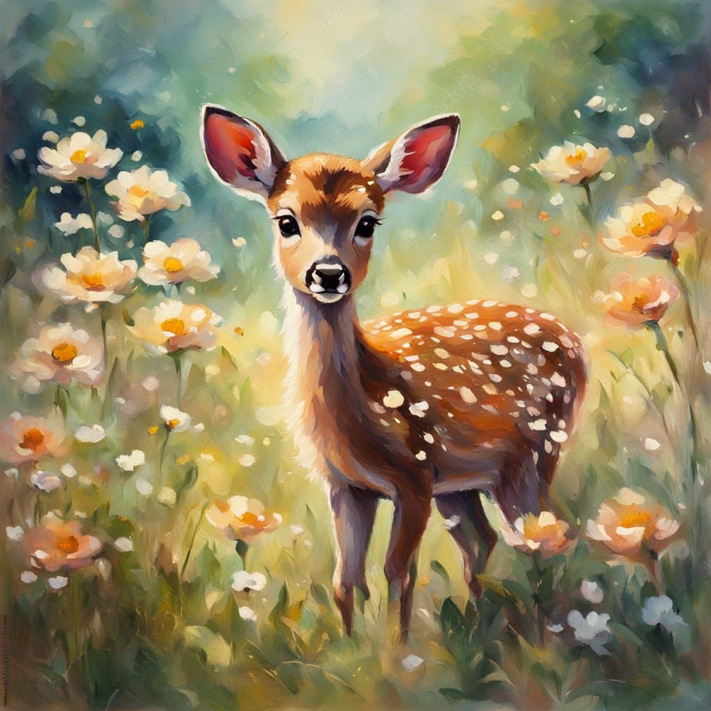 Whimsical Impressionist Baby Deer in a Flowerfield