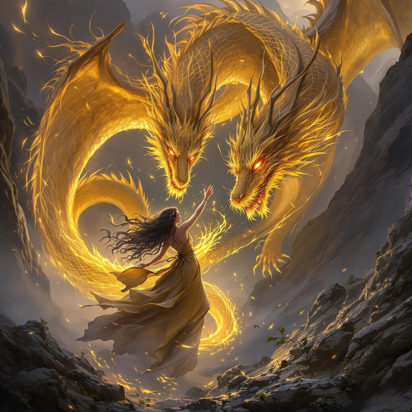 Mystical Celtic Warrior Battles Golden Dragon Amidst Ancient...