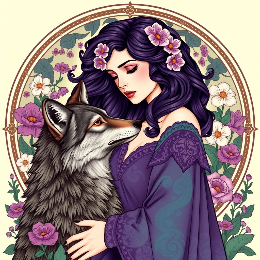 Art Nouveau Woman and Wolf with Flowers