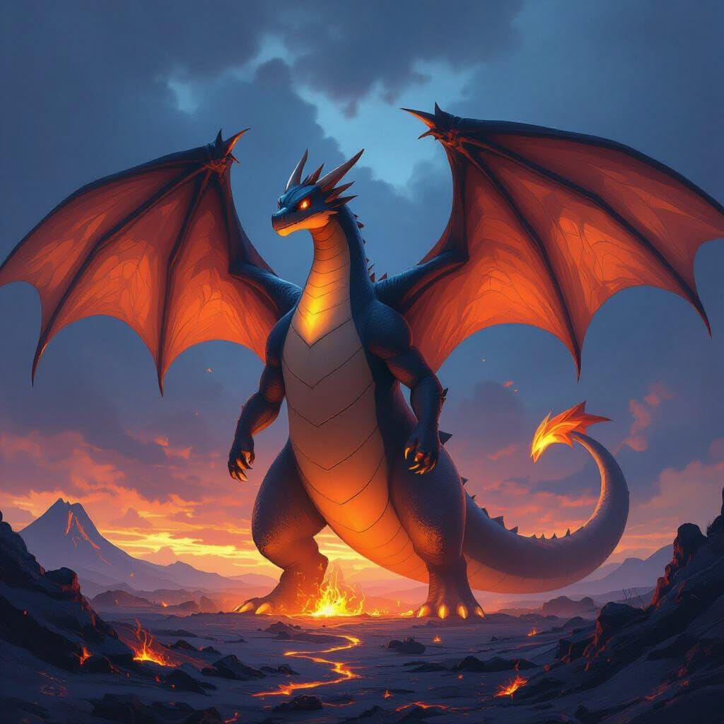 Colossal Charizard in Stormy Volcanic Landscape