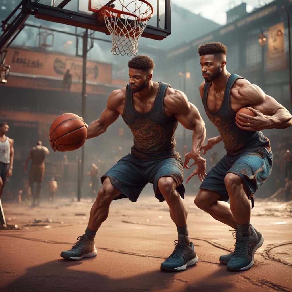 Muscular Men Playing Basketball: Fantasy Matte Painting