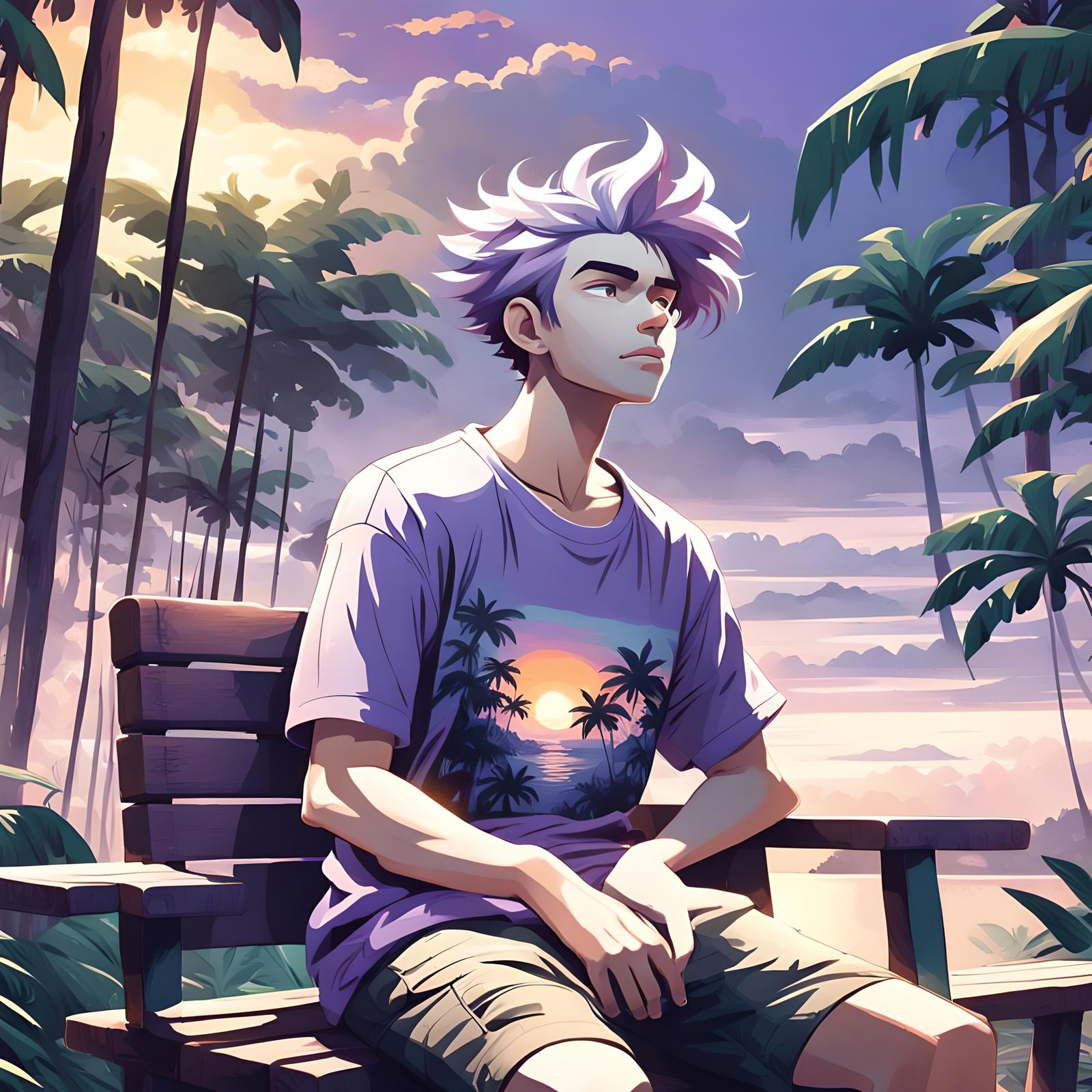 Anime Boy Gazing at Jungle Sunset