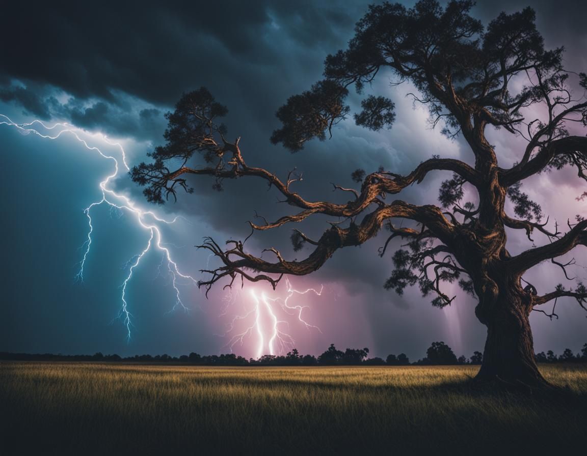Dramatic Lightning Strikes Tree: Cinematic Film Still