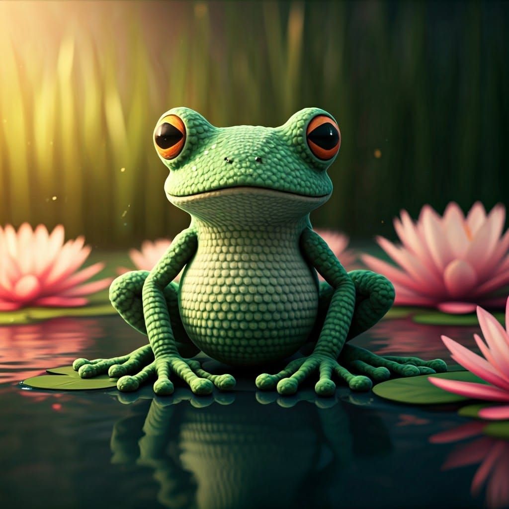 Yarn Frog in Pond with Flowers