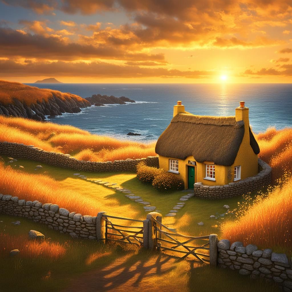 Irish Cottage at Sunset: Golden Hour Glow
