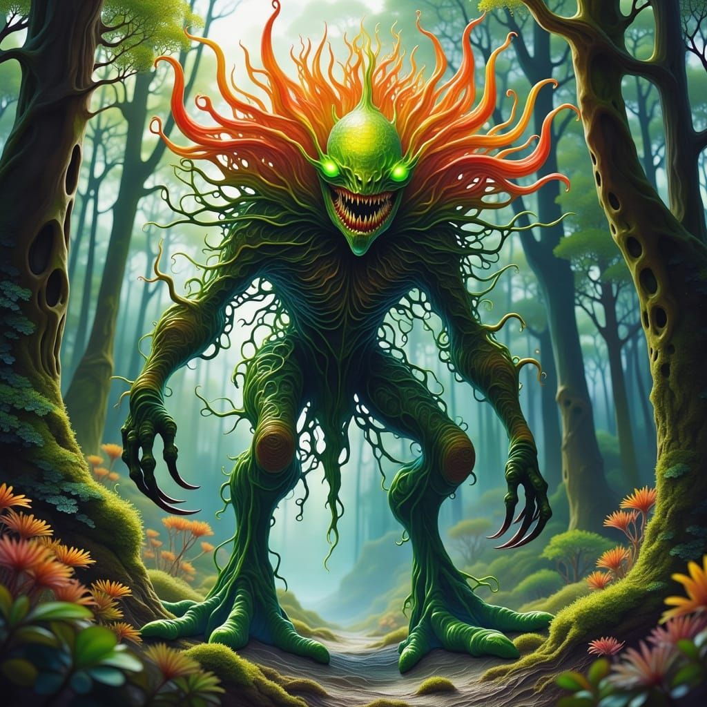 Grotesque Plant Monster in Dark, Moody Forest
