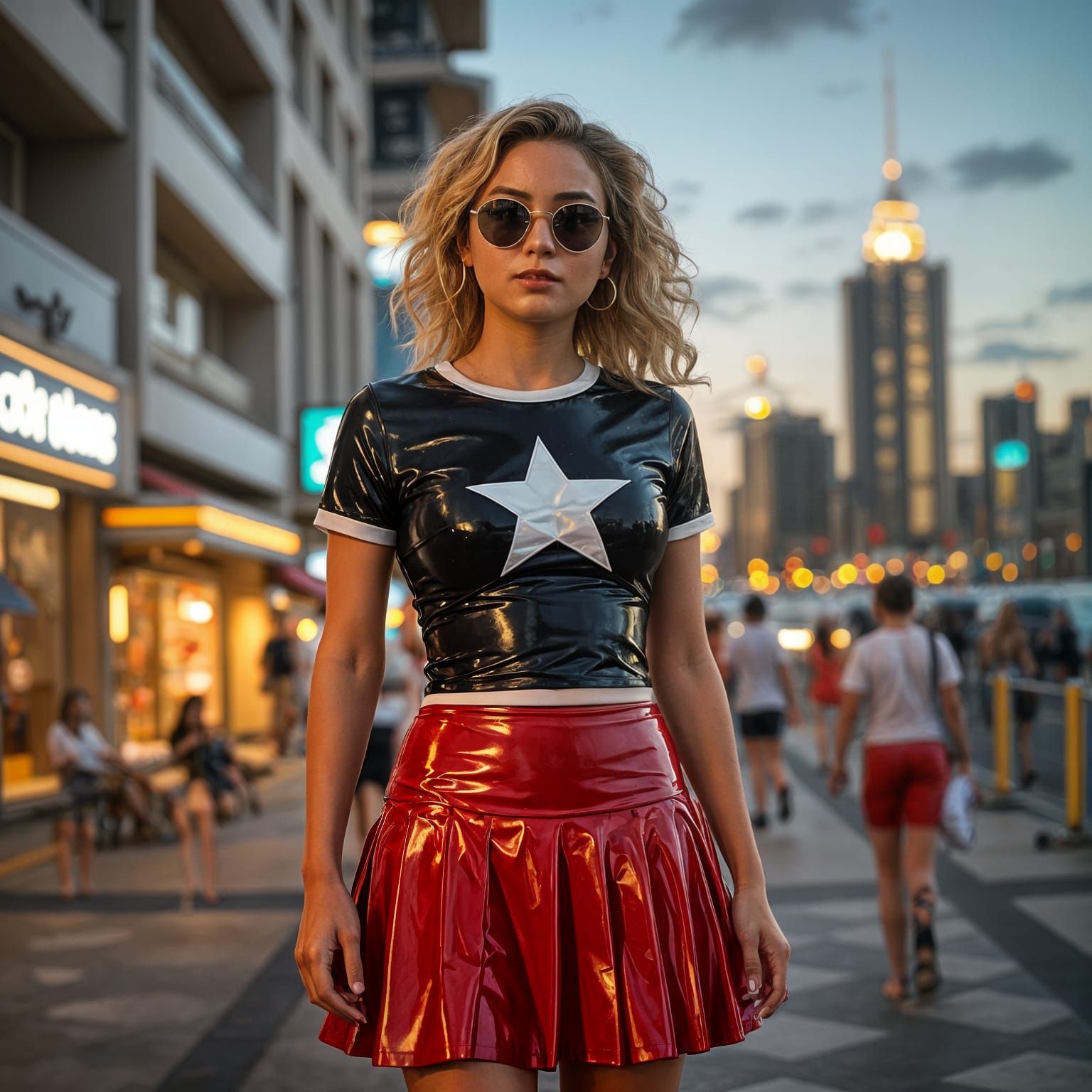 Glamorous City Nighttime Scene with a Starlet in Shiny Latex