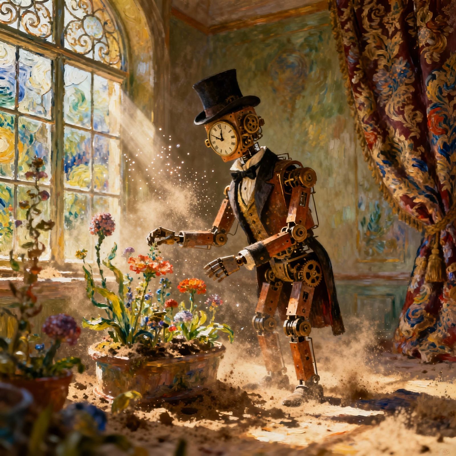 Clockwork Gentleman Tends Magical Garden in Sunlit Room