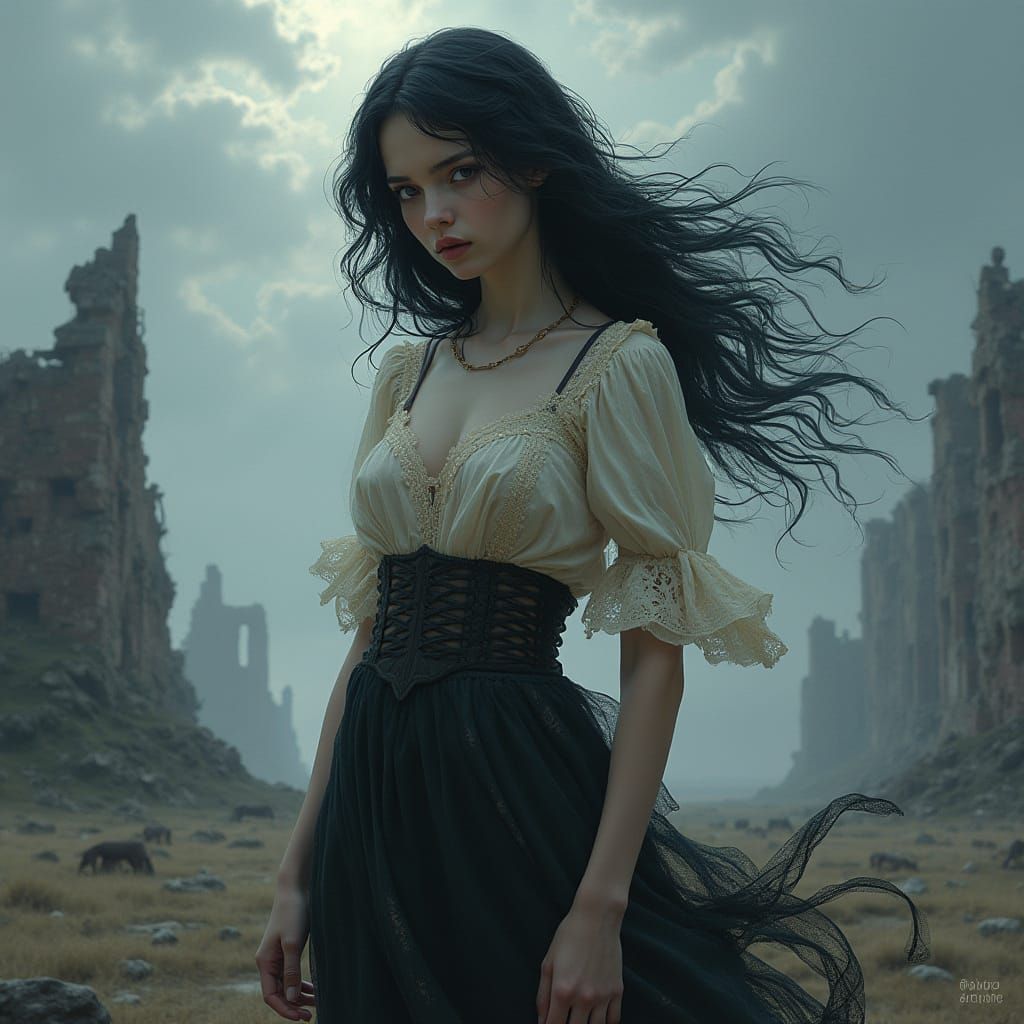 A Young Woman Stands Tall Amidst a Haunting, Art Nouveau-Ins...