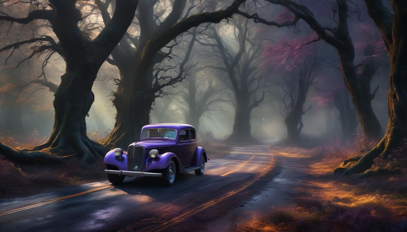 Hot Rod Races Through Mystical Forest in Digital Art