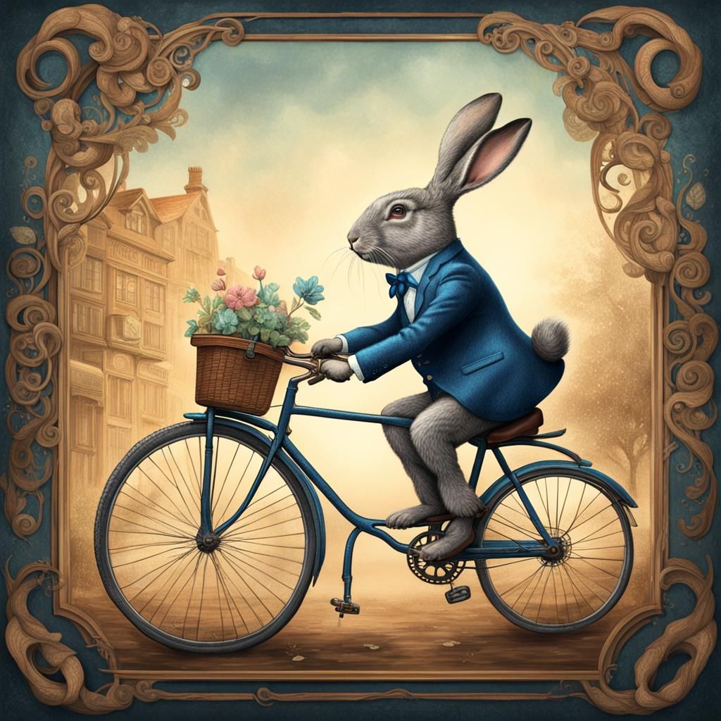 Rabbit on Antique Bicycle: Detailed Pencil Drawing
