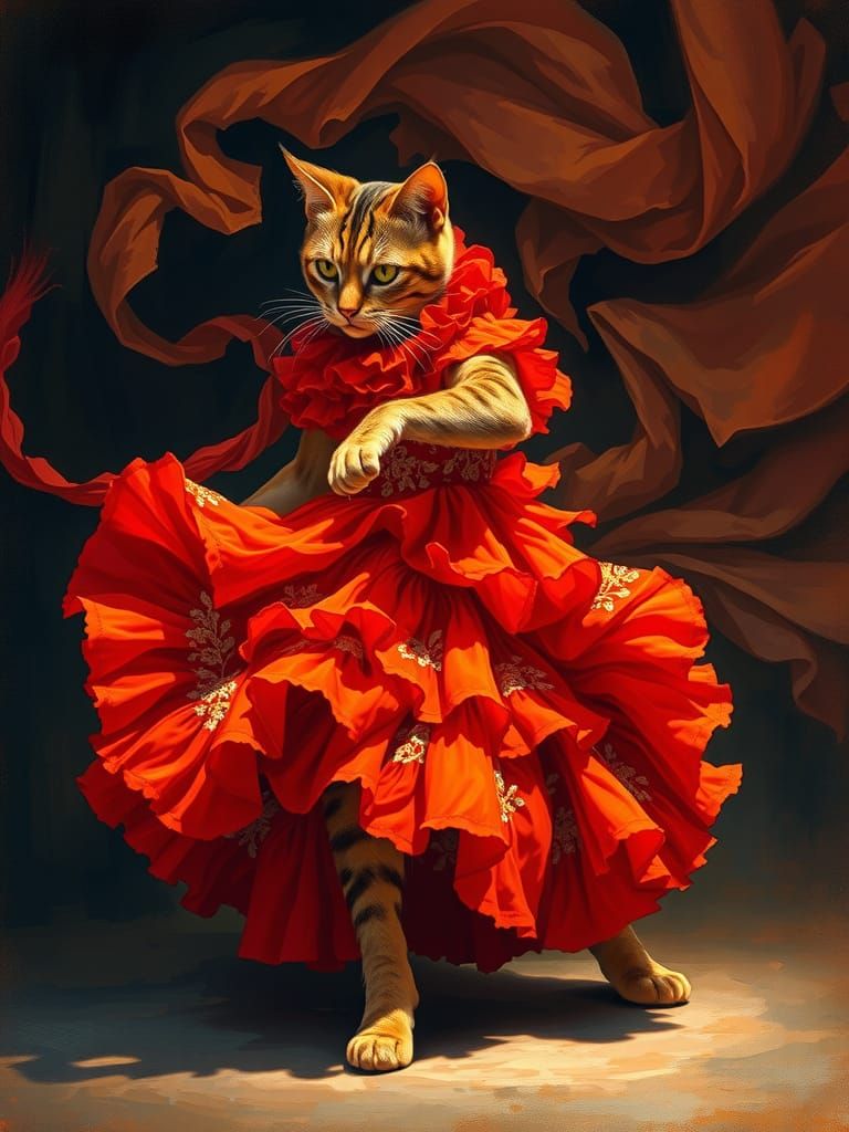 Calico Cat Flamenco Dancer in Baroque Style