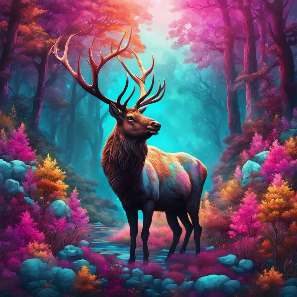 Elk in Magical Forest: Hyperrealistic Concept Art
