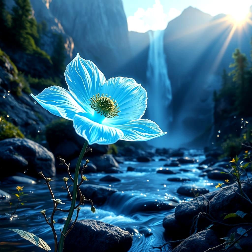 Luminous Blue Flower with Elves: Surreal HDR Image