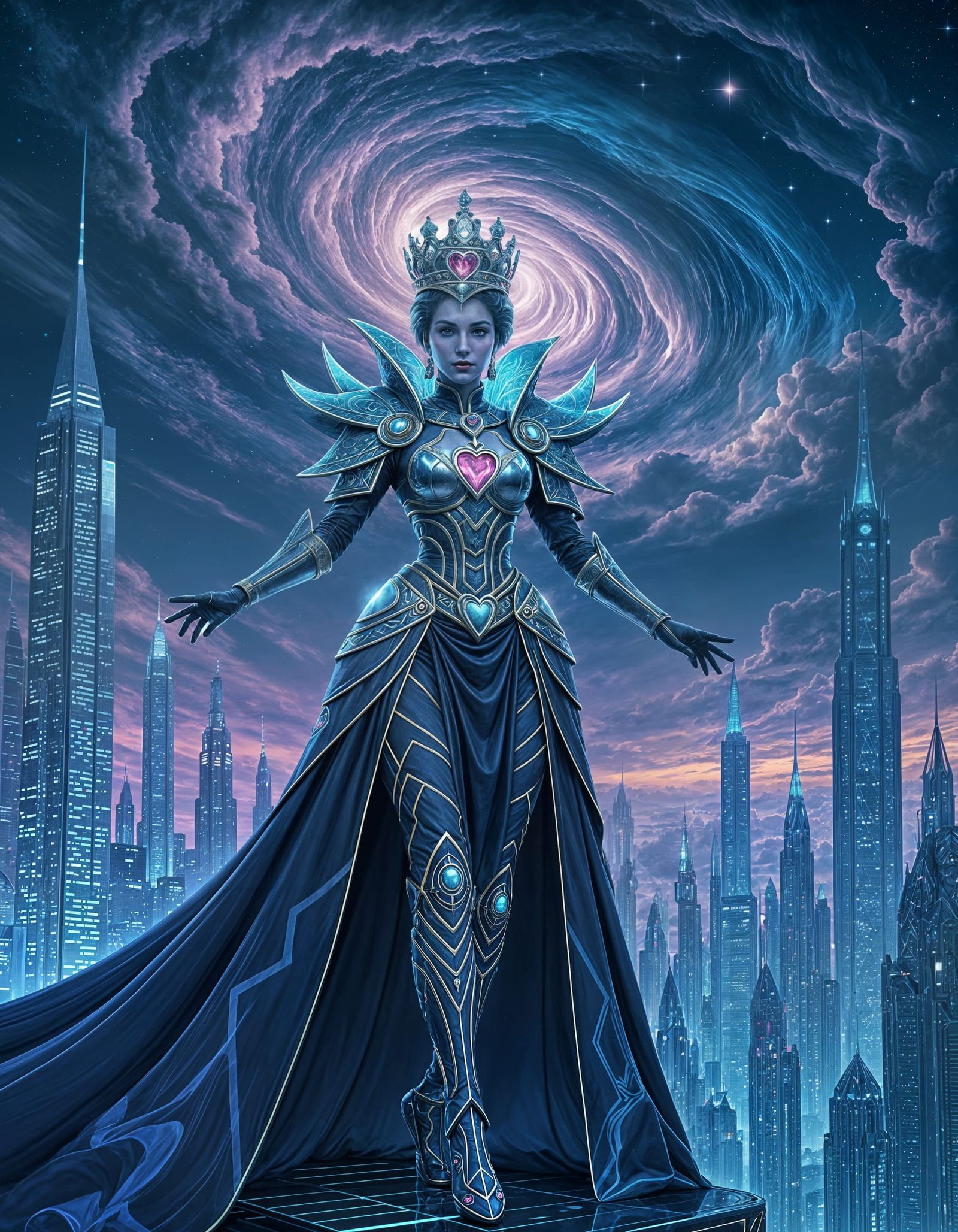 Futuristic Queen of Hearts in Fantasy Realm