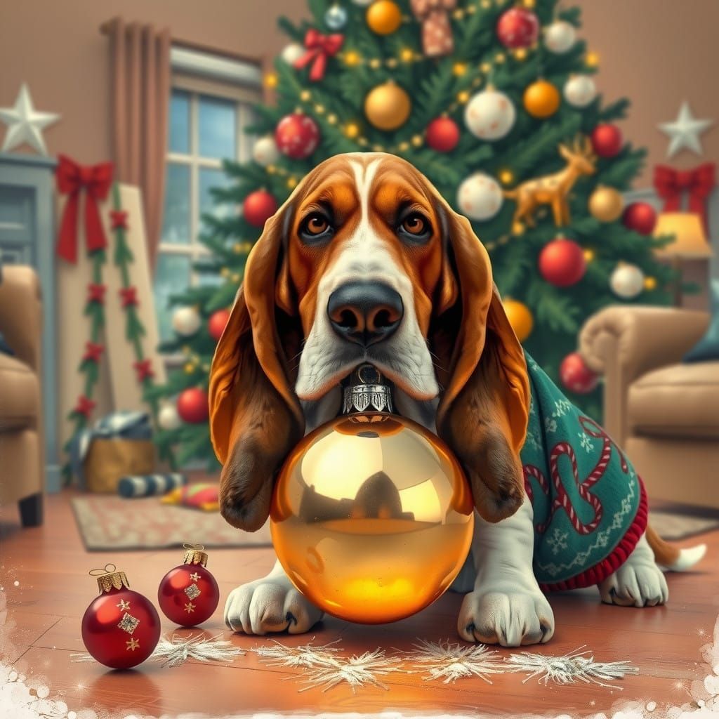 Basset Hound in Festive Holiday Sweater Grasps Christmas Bau...