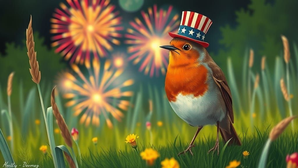 Patriotic Robin Celebrates with Fireworks