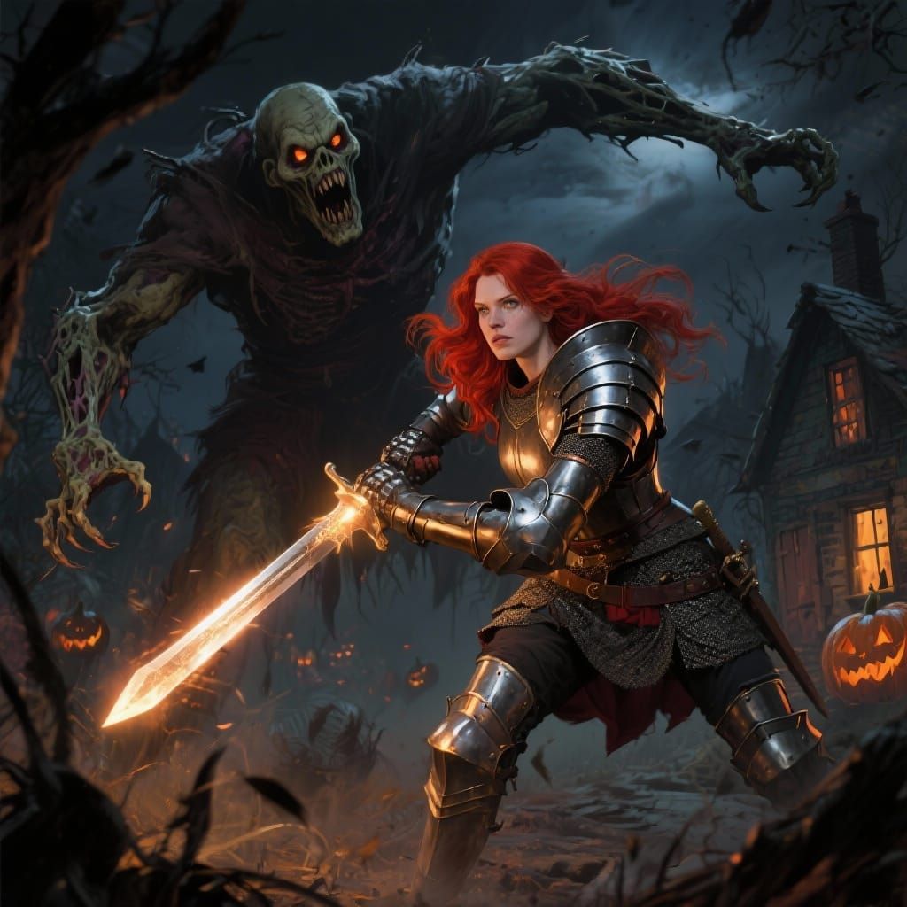 Knight Battles Undead Giant on Halloween Night