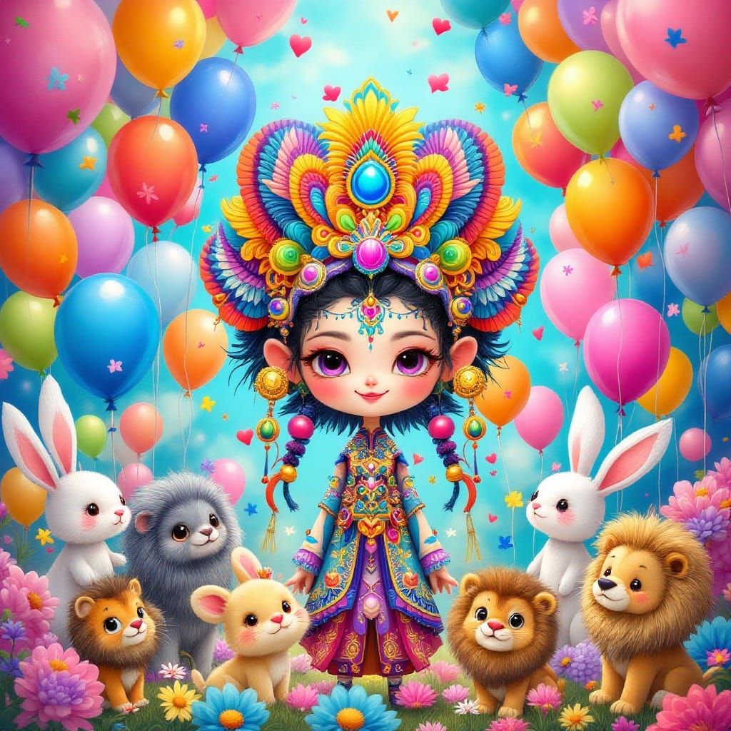 Mythical Creature Surrounded by Whimsical Balloons and Fanta...