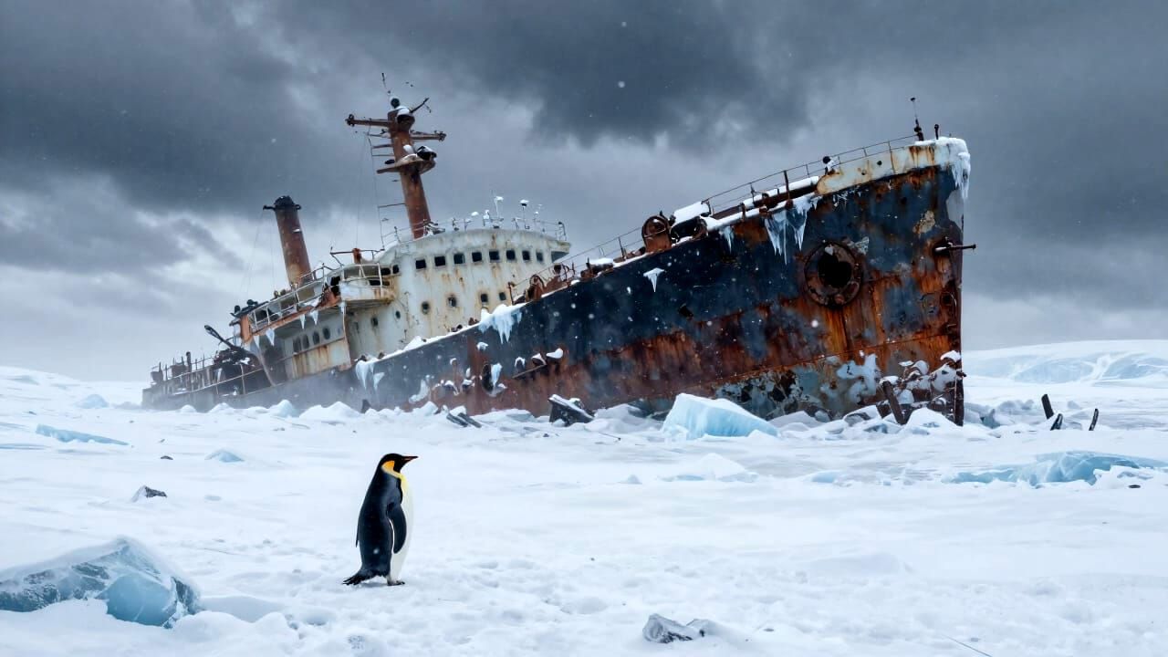 Lone Penguin on Icy Landscape with Shipwreck